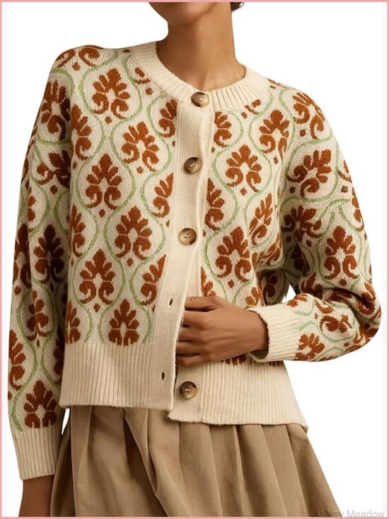 Sweaters - Floral Open Front Cardigan Sweater Long Sleeve Button Down Knit Vintage